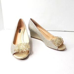 Alex Marie Gold Peep-Toe Wedges
